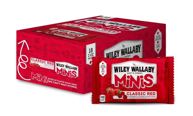 Wiley Wallaby Classic Red Mini Licorice Bites 2.0 Ounce Gourmet Soft & Chewy Australian Strawberry Licorice Candy Bags, 18 Pack