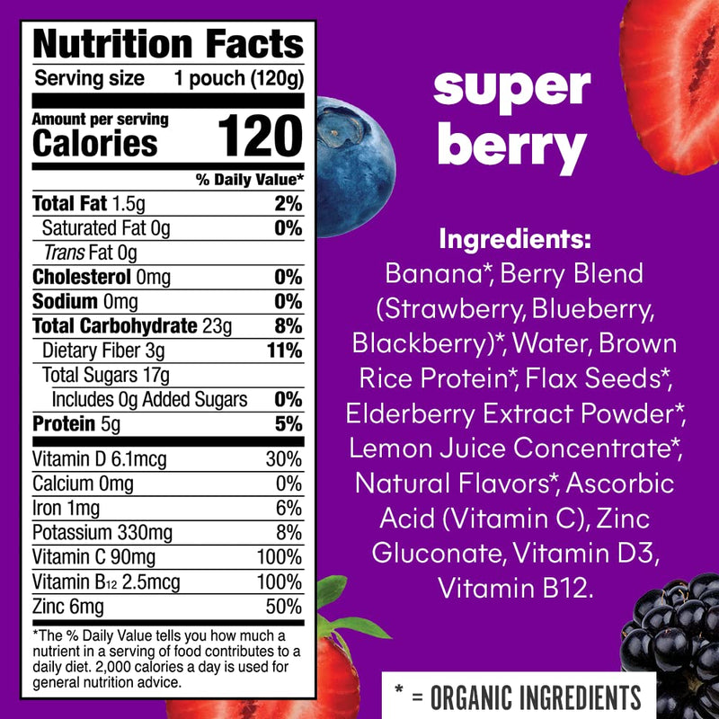 Noka Superfood Fruit Smoothie Pouches, Super Berry with Immune Support, Healthy Snacks with Elderberry, Flax Seed, Plant Protein, and Prebiotic Fiber, Gluten Free and Vegan, 4.22 oz, 6 Count