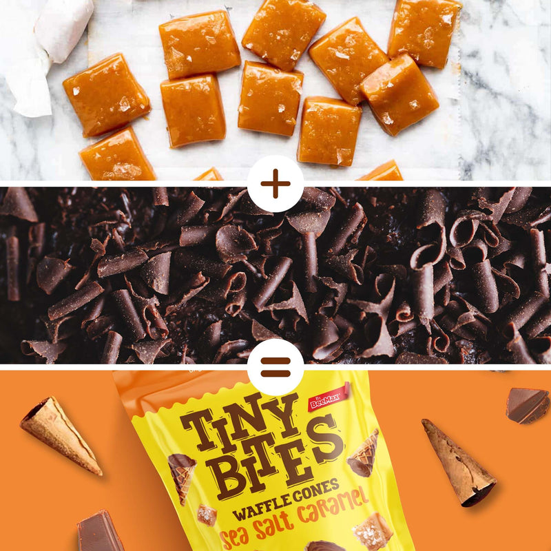 Tiny Bites Sea Salt Caramel Cones - Mini Crispy & Crunchy Waffle Cones, Delicious Cornet Snack with Real Belgian Sea Salt Caramel Chocolate Cones (Pack of 12), Bite-Size Cones by Beemax