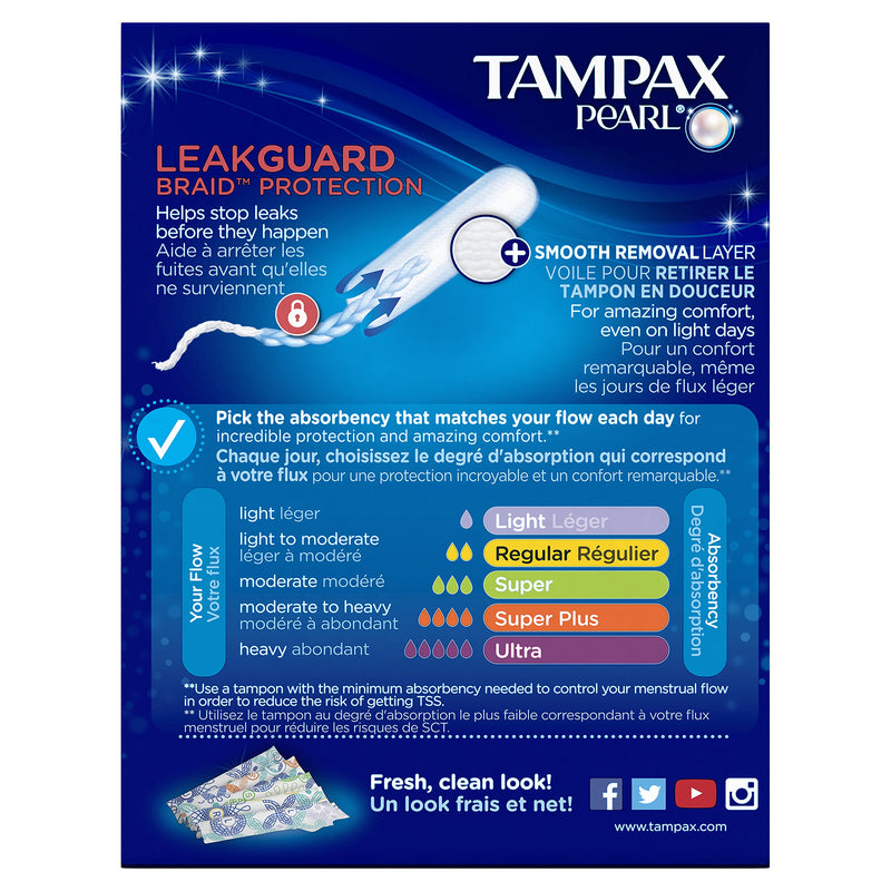 Tampax Pearl Tampons with Plastic Applicator, Super Plus Absorbency, Unscented, 18 Count - Pack of 12 (216 Count Total)