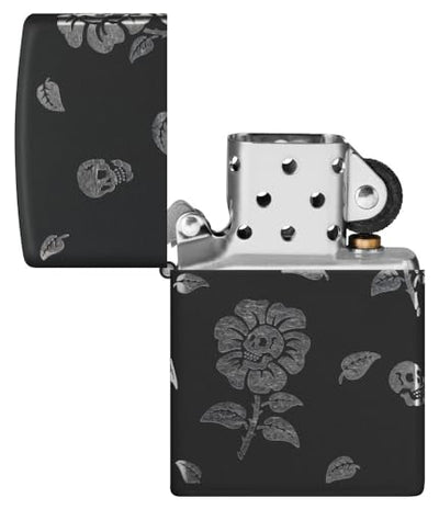 Zippo Flower Skulls Black Matte & Chrome Pocket Lighter - Edgy Floral Fusion