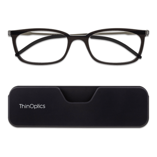 ThinOptics Black Frame Connect Reading Glasses and a sleek black Connect case: minimalist design with thin lenses. The compact, polycarbonate case offers a modern, portable solution for individuals needing reading glasses.