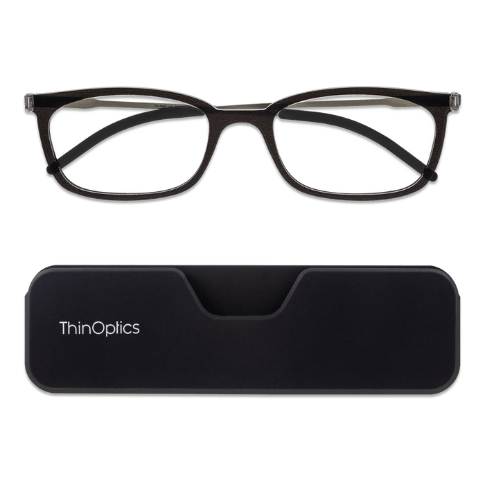 ThinOptics Black Frame Connect Reading Glasses and a sleek black Connect case: minimalist design with thin lenses. The compact, polycarbonate case offers a modern, portable solution for individuals needing reading glasses.