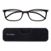 ThinOptics Black Frame Connect Reading Glasses and a sleek black Connect case: minimalist design with thin lenses. The compact, polycarbonate case offers a modern, portable solution for individuals needing reading glasses.