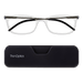 ThinOptics Clear Frame Connect Reading Glasses and a sleek black Connect case: minimalist design with thin lenses. The compact, polycarbonate case offers a modern, portable solution for individuals needing reading glasses.
