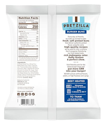 Pretzilla Soft Pretzel Hamburger Buns, 12.8 oz 4 Count ‚Äì Gourmet Sandwich or Burger Rolls, Non GMO Kosher Vegan Burger Bread, Soft Bakery Pretzel Bun (Case of 12 Packs)