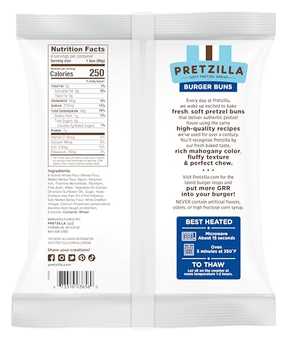 Pretzilla Soft Pretzel Hamburger Buns, 12.8 oz 4 Count ‚Äì Gourmet Sandwich or Burger Rolls, Non GMO Kosher Vegan Burger Bread, Soft Bakery Pretzel Bun (Case of 12 Packs)