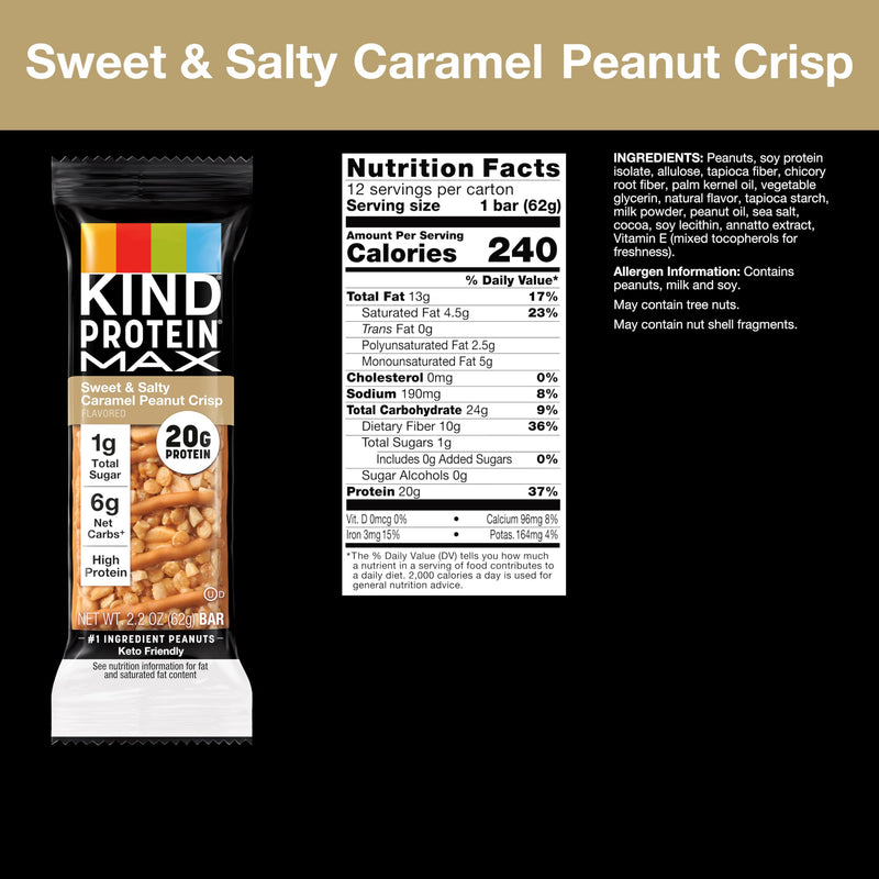 KIND Protein MAX Sweet & Salty Caramel Peanut Crisp Snack Bars, Keto Friendly, 20g Protein, 12 Count