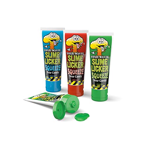 Toxic Waste Slime Licker Squeeze Sour Candy | 12 Count Display with Blue Razz, Cherry, and Green Apple Flavors