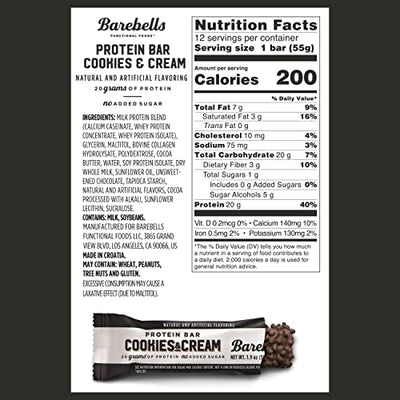 Barebells Protein Bars Cookies & Cream - 12 Count, 1.9oz Bars - Protein Snacks with 20g of High Protein - Chocolate Protein Bar with 1g of Total Sugars - On The Go Protein Snack & Breakfast Bars