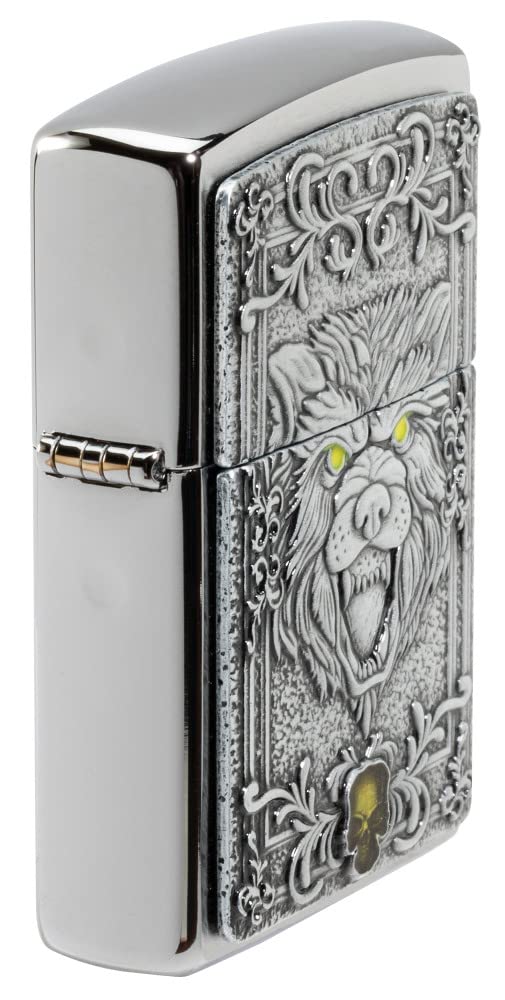 Zippo unisex-adult Wolf Lighters, Brushed Chrome Wolf & Skull Emblem