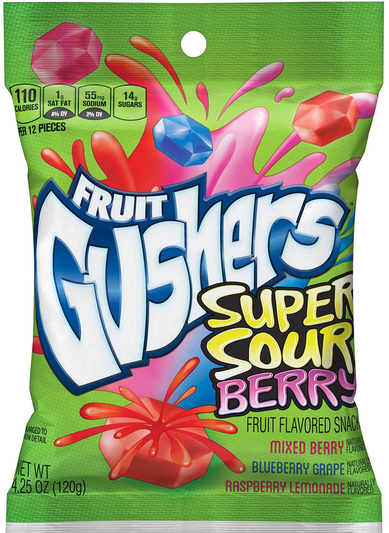 Fruit Gushers Super Sour Berry Fruit Snacks, 4.25 oz, Fruity and Tangy Treats (Pack of 48)