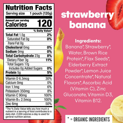 Noka Superfood Fruit Smoothie Pouches, Strawberry Banana with Immune Support, Healthy Snacks with Elderberry, Flax Seed, Plant Protein, and Prebiotic Fiber, Gluten Free and Vegan, 4.22 oz, 6 Count