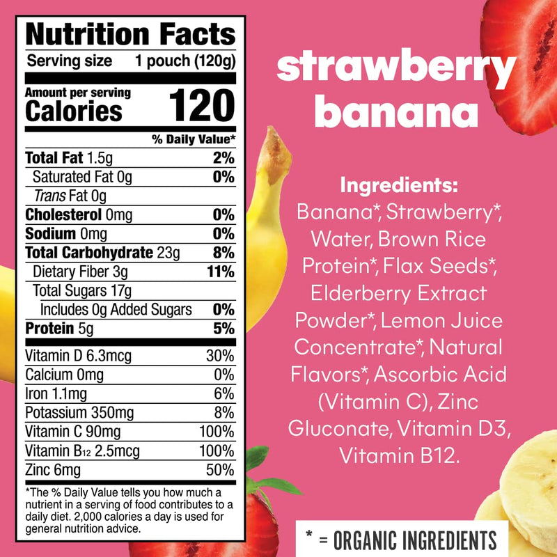 Noka Superfood Fruit Smoothie Pouches, Strawberry Banana with Immune Support, Healthy Snacks with Elderberry, Flax Seed, Plant Protein, and Prebiotic Fiber, Gluten Free and Vegan, 4.22 oz, 6 Count