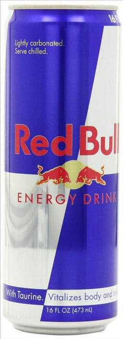 Red Bull Energy Drink Original 16 oz can, case of 12, silver and blue packaging