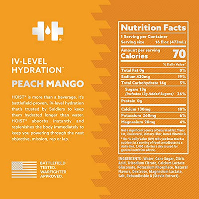 HOIST Premium Hydration Electrolyte Drink, Powerful IV-Level Hydration, Peach Mango, 16 Fl Oz (Pack of 12)