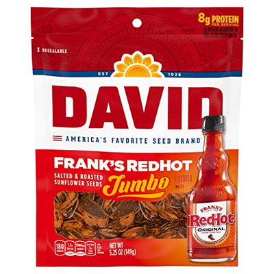 DAVID Frank's RedHot Flavored Salted & Roasted Jumbo Sunflower Seeds, 5.25 oz. (12 Count)
