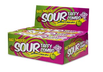 Face Twisters Sour Taffy Combo, Strawberry & Green Apple, 1.4 oz Bars (Case of 24)