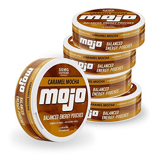 Mojo™ Balanced Energy Pouches | Healthier Energy Drink Alternative | Zero Sugar & Calorie-Free with Ginseng, Yerba Mate, B-Vitamins, and Amino Acids | 15 Pouches Per Can | 5 Cans of Caramel Mocha