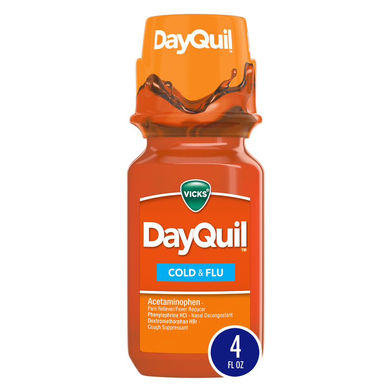 DayQuil Cold & Flu Relief Liquid, Non-Drowsy Formula, 4 oz Bottle (Pack of 4)