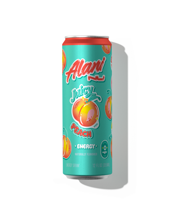 Alani Nu Peach Slush Energy Drink 12 oz can front packaging