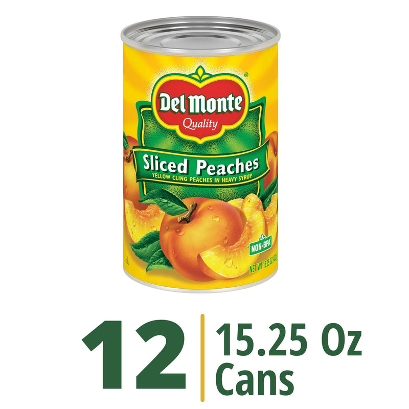 Del Monte Yellow Cling Sliced Peaches in Heavy Syrup, 15.25 oz Cans - Sweet, Juicy Fruit, Ready to Eat - (Pack of 12)