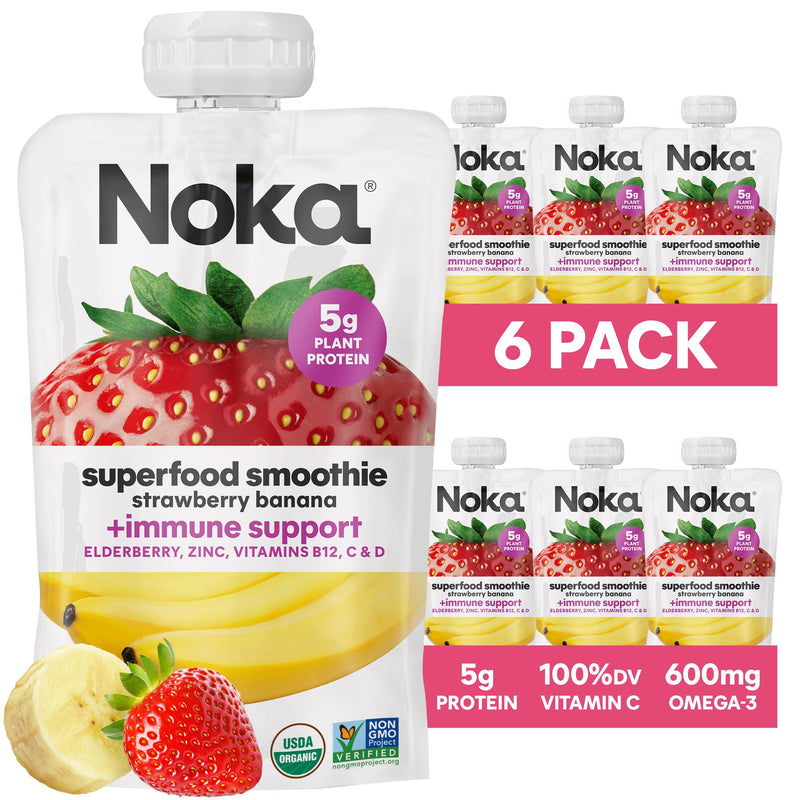 Noka Superfood Fruit Smoothie Pouches, Strawberry Banana with Immune Support, Healthy Snacks with Elderberry, Flax Seed, Plant Protein, and Prebiotic Fiber, Gluten Free and Vegan, 4.22 oz, 6 Count