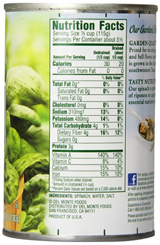 Del Monte Leaf Spinach, Premium Quality, 13.5 oz Cans - Rich in Vitamins & Minerals, No Added Preservatives - (Pack of 12)
