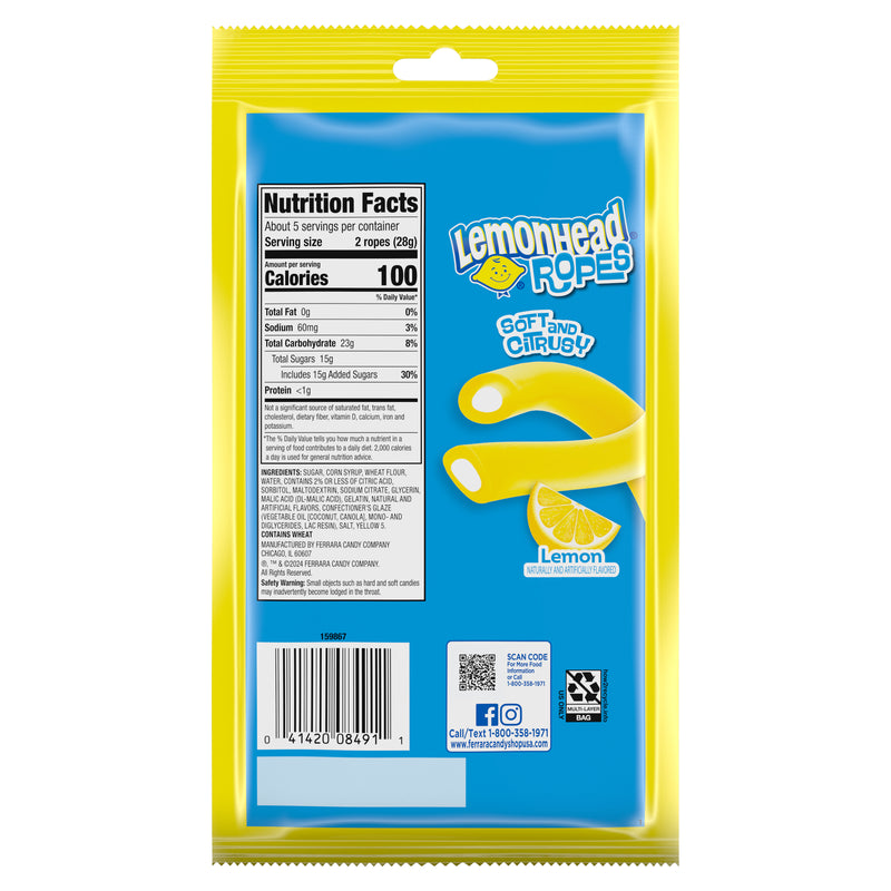 Lemonhead Ropes Candy, Chewy Lemon Candy Filled Ropes, Peg Bag, 5 oz