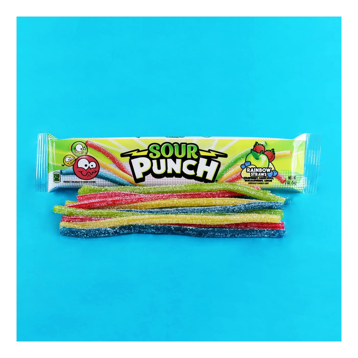 Sour Punch Rainbow Straws candy package and colorful straws