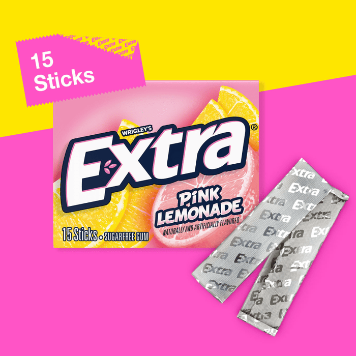 Extra Pink Lemonade Sugar-Free Gum, 15-stick pack with individually wrapped sticks