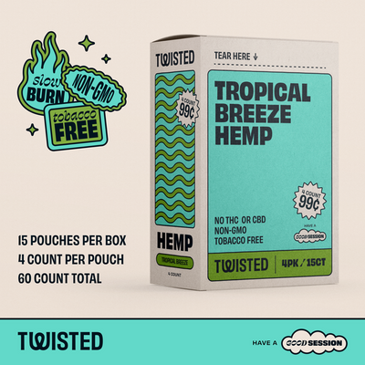Twisted Hemp Wraps Natural Cigarette Rolling Papers Display | 4 Wraps Per Sleeve | Pack of 15 | 60 Wraps Total (Tropical Breeze)