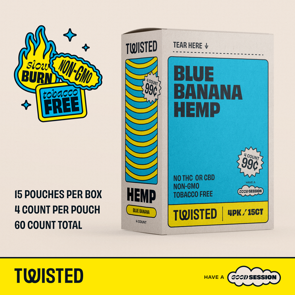 Twisted Hemp Wraps Natural Cigarette Rolling Papers Display | 4 Wraps Per Sleeve | Pack of 15 | 60 Wraps Total (Blue Banana)