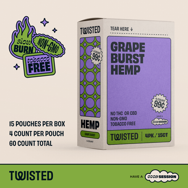 Twisted Hemp Wraps Natural Cigarette Rolling Papers Display | 4 Wraps Per Sleeve | Pack of 15 | 60 Wraps Total (Grape)