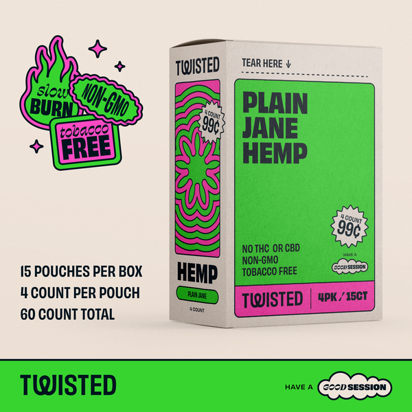 Twisted Hemp Wraps Natural Cigarette Rolling Papers Display | 4 Wraps Per Sleeve | Pack of 15 | 60 Wraps Total (Plain Jane)
