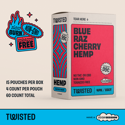 Twisted Hemp Wraps Natural Cigarette Rolling Papers Display | 4 Wraps Per Sleeve | Pack of 15 | 60 Wraps Total (Blue Raspberry Cherry)