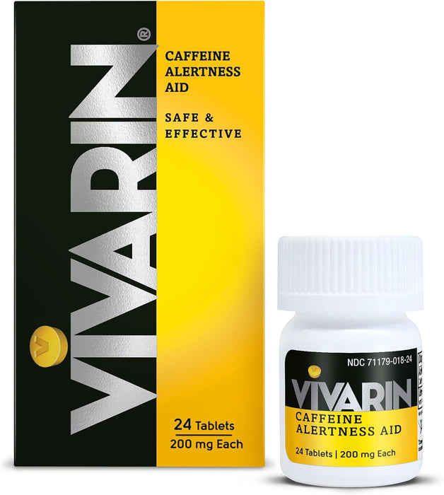 Vivarin Caffeine Alertness Aid carton and bottle, 24 tablets, 200 mg each, NDC 71179-018-24