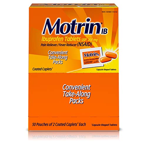 Motrin IB Caplets Ibuprofen Aches and Pain Relief, 50 Packets of 2 Caplets Each