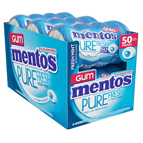 Mentos Pure Fresh Sugar-Free Chewing Gum with Xylitol, Fresh Mint, 50 Piece Bottle (Bulk Pack of 6)
