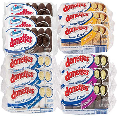 Hostess Donettes Variety Pack | Powdered, Frosted, Double Chocolate, and Crunch | 12 Packs (72 Donettes)