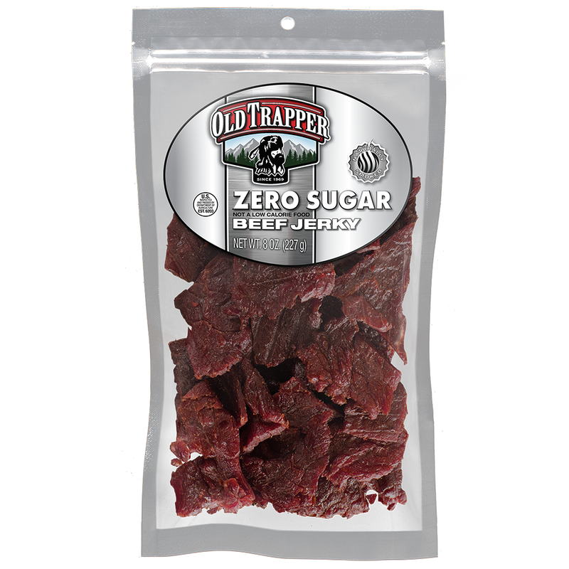Old Trapper Zero Sugar Beef Jerky | Traditional Style Real Wood Smoked | Healthy Snack Made from 100% Top Round Steaks | 8 Ounce Bag