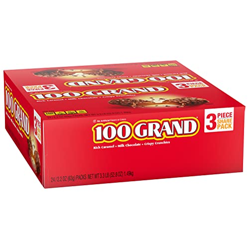 100 Grand Crispy Milk Chocolate with Caramel, Fun Size Individually Wrapped Candy Bars, Great Valentine&