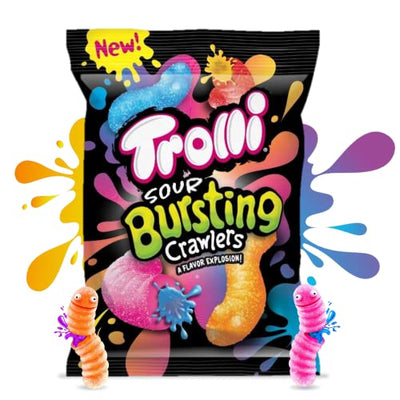 Trolli Sour Bursting Crawlers, NEW Dual-Textured, Dual-Flavor Sour Candy Gummi Worms with Fruity Candy Liquid Center, 4.25 oz Bag