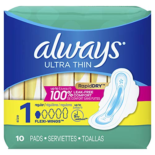 Always Ultra Thin Pads Size 1 Regular Absorbency Unscented with Wings, 10 Count
