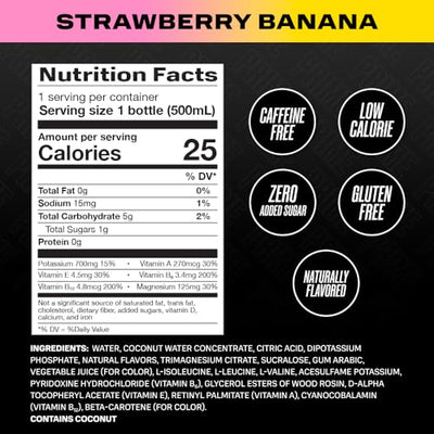 PRIME Hydration Strawberry Banana | Sports Drinks | Electrolyte Enhanced for Ultimate Hydration | 250mg BCAAs | B Vitamins | Antioxidants | 1g Of Sugar | 16.9 Fluid Ounce | 12 Pack