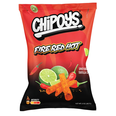 Chipoys Fire Red Hot Tortilla Chips, Crunchy Snacks, Gluten-Free, Protein Chip, 2 oz Bags, Pack of 10
