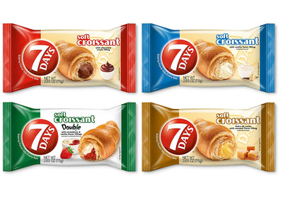 7Days Soft Croissant Variety Pack of 24 | 6 Chocolate, 6 Vanilla, 6 Strawberry Vanilla, 6 Caramel (Pack of 24)