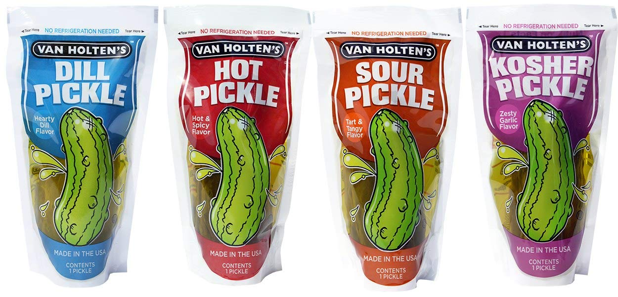 Van Holten's Pickle In-a Pouch Variety Pack, 12 pickles, 3 of each Flavor of Kosher, Dill, Hot & Spicy and Sour Ready to Eat Single Serve Pickles