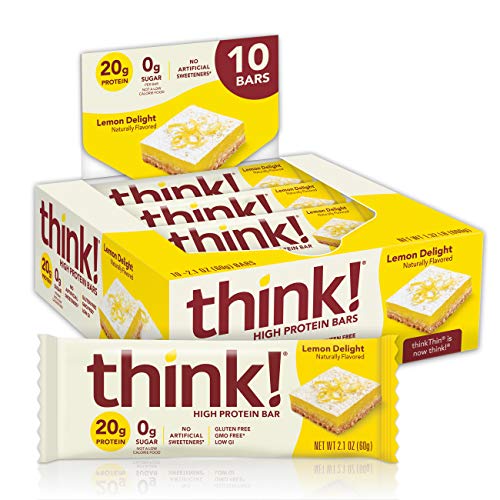 think! (thinkThin) High Protein Bars , 20g Protein, 0g Sugar, No Artificial Sweeteners, Gluten Free, GMO Free, 2.1 oz bar ( packaging may vary), Lemon Delight, 10 Count