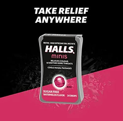 HALLS Minis Watermelon Flavor Sugar Free Cough Drops, 8 Packs of 24 Drops (192 Drops Total)